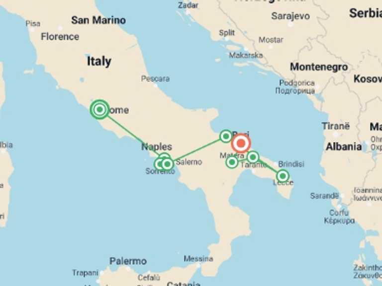 Map itinerary of Italy Tour in August 2027 with 9 destination visits for the trip: Rome to Southern Italy