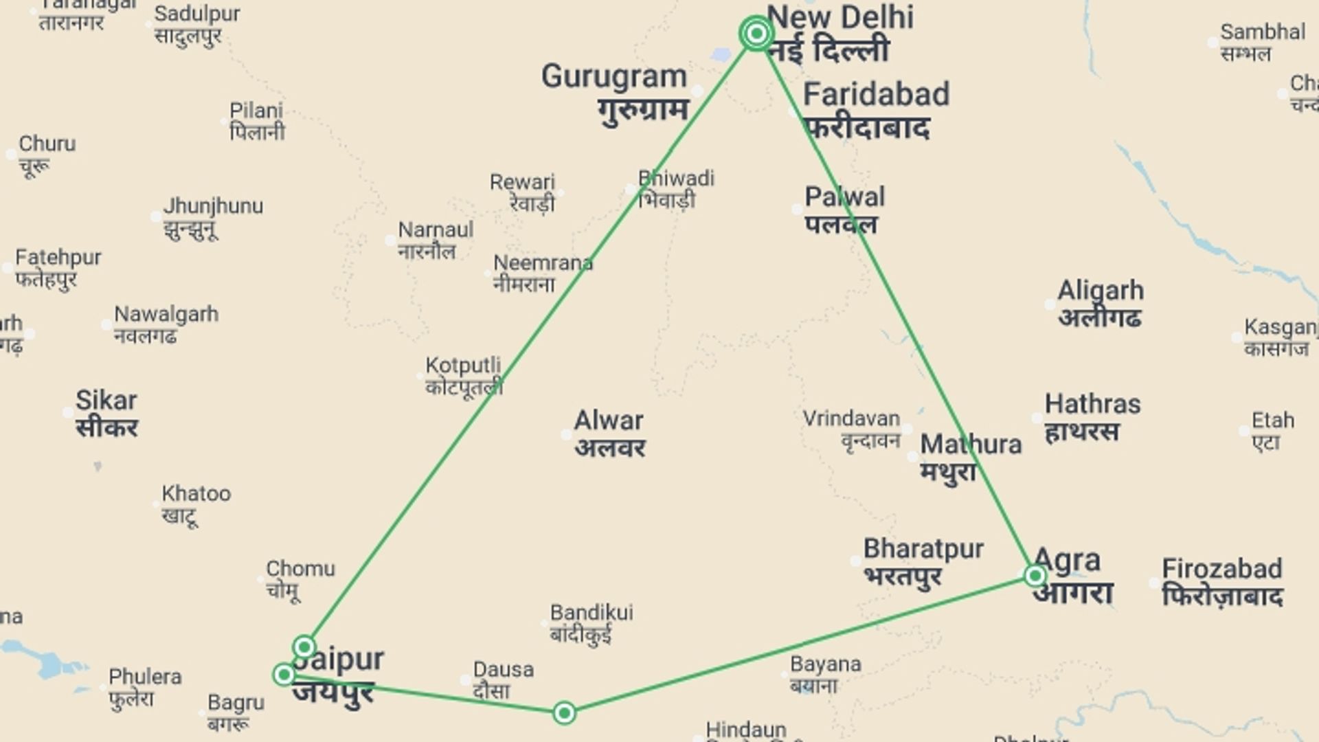 A map showing the tour itinerary for the trip: India's Golden Triangle, starting in New Delhi, India and ending in New Delhi, India going through 4 other destinations.