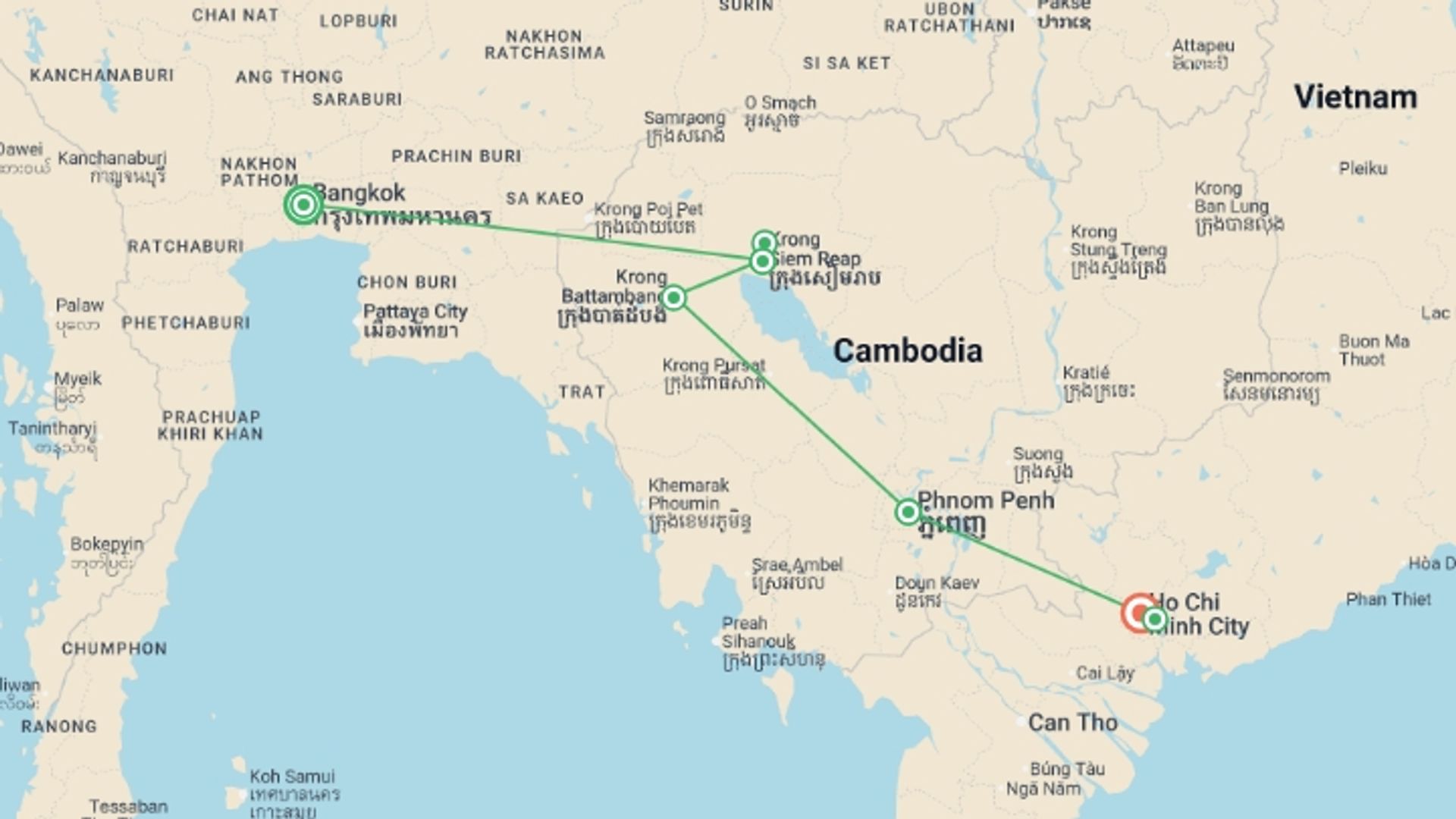 A map showing the tour itinerary for the trip: Journey through Cambodia: Bangkok to Saigon, starting in Bangkok, Thailand and ending in Ho Chi Minh City, Vietnam going through 5 other destinations.