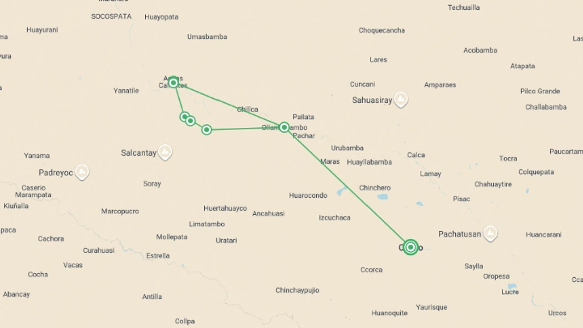 A map showing the tour itinerary for the trip: Inca Trail Trek to Machu Picchu 4D/3N, starting in Cusco, Peru and ending in Cusco, Peru going through 3 other destinations.