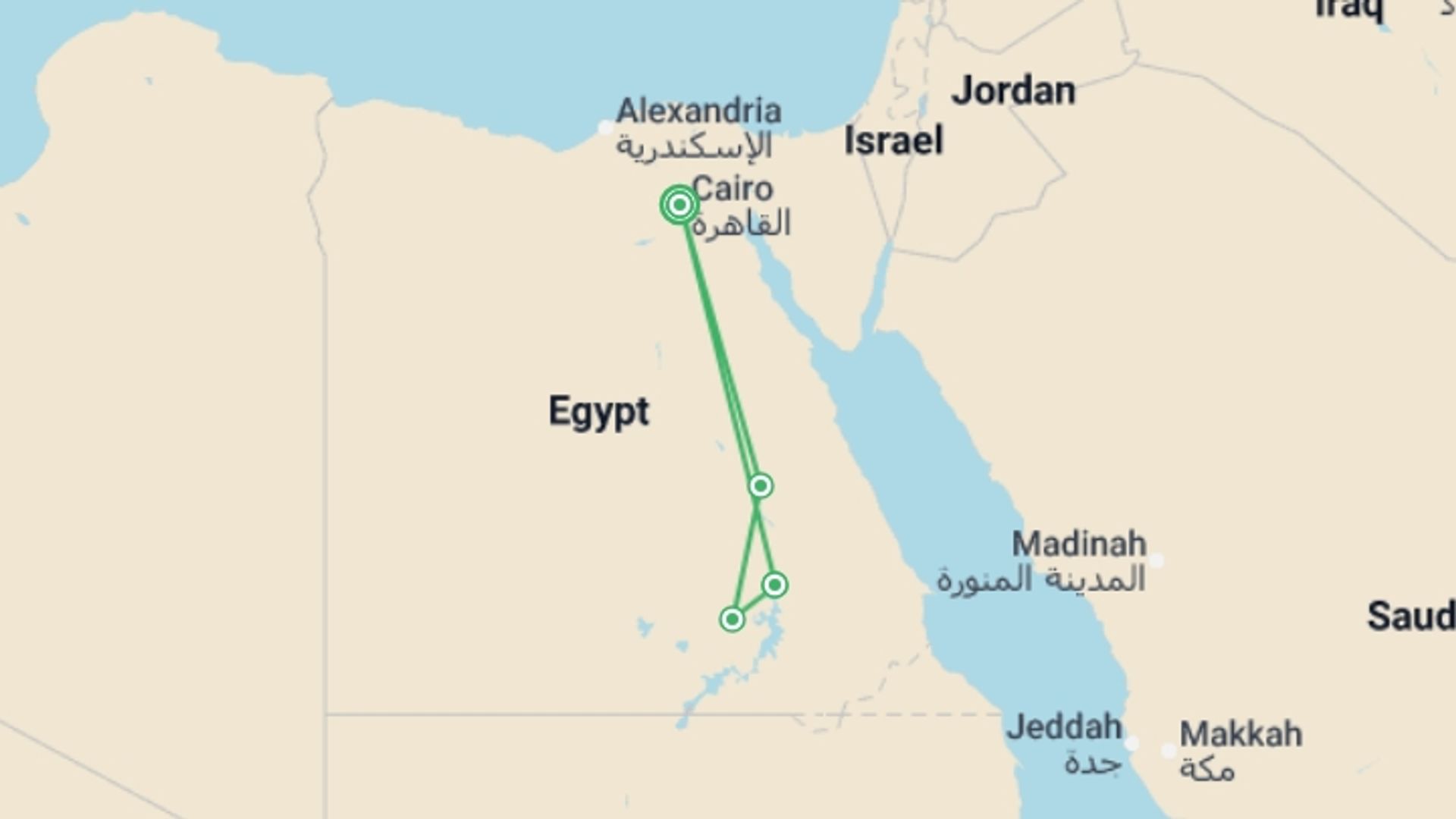 A map showing the tour itinerary for the trip: Essential Egypt 2025 (4 & 5 Star Hotels), starting in Cairo, Egypt and ending in Cairo, Egypt going through 3 other destinations.