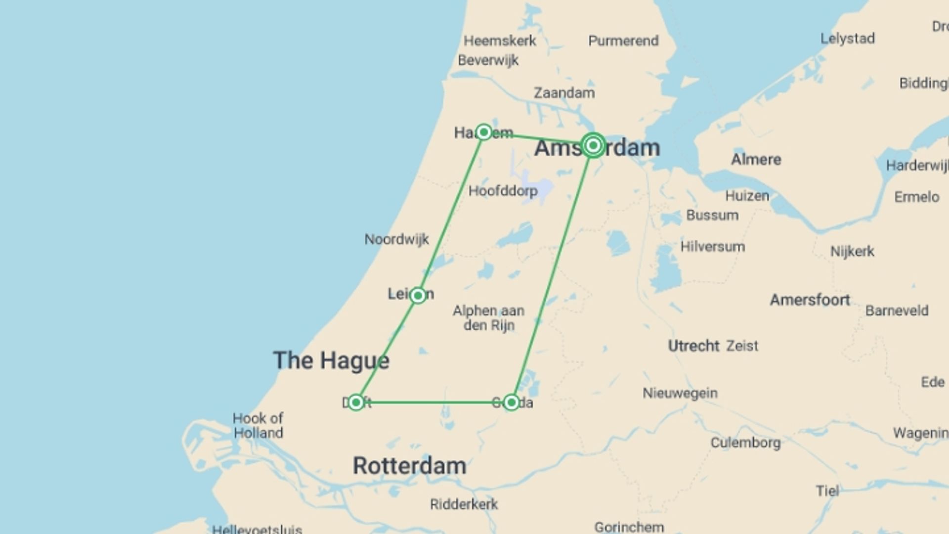A map showing the tour itinerary for the trip: Classic Holland Cycle, starting in Amsterdam, Holland and ending in Amsterdam, Holland going through 4 other destinations.