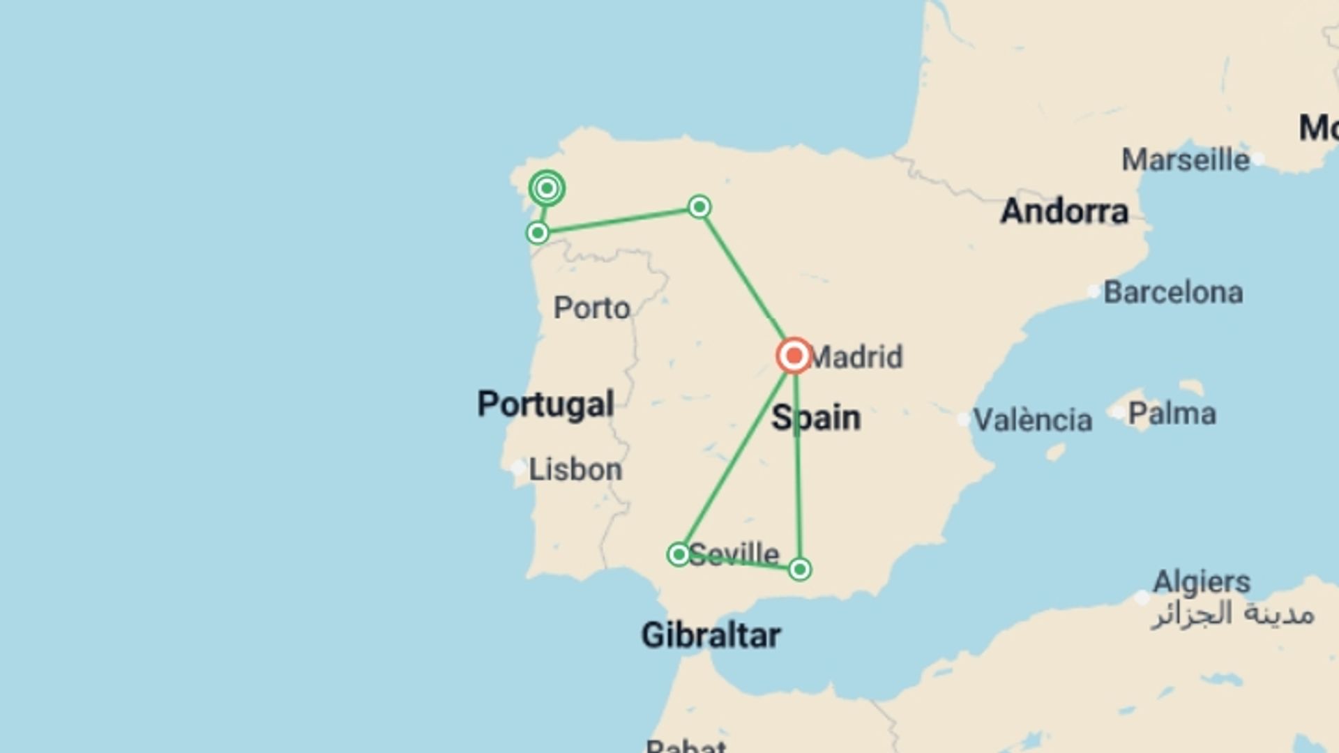 A map showing the tour itinerary for the trip: Santiago to Seville & Madrid - 8 days, starting in Santiago De Compostela, Spain and ending in Madrid, Spain going through 4 other destinations.