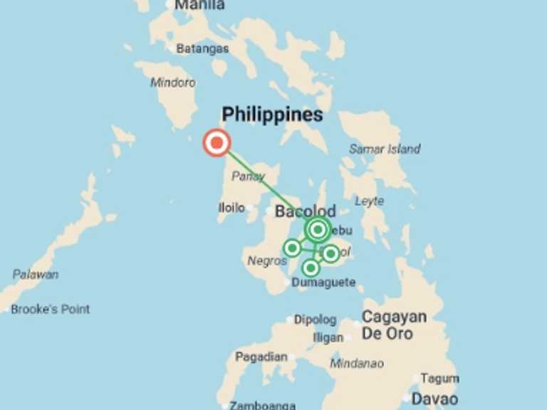 Map of a Canyoning Tour with 5 destination visits for the trip: Philippines Island Hopping East