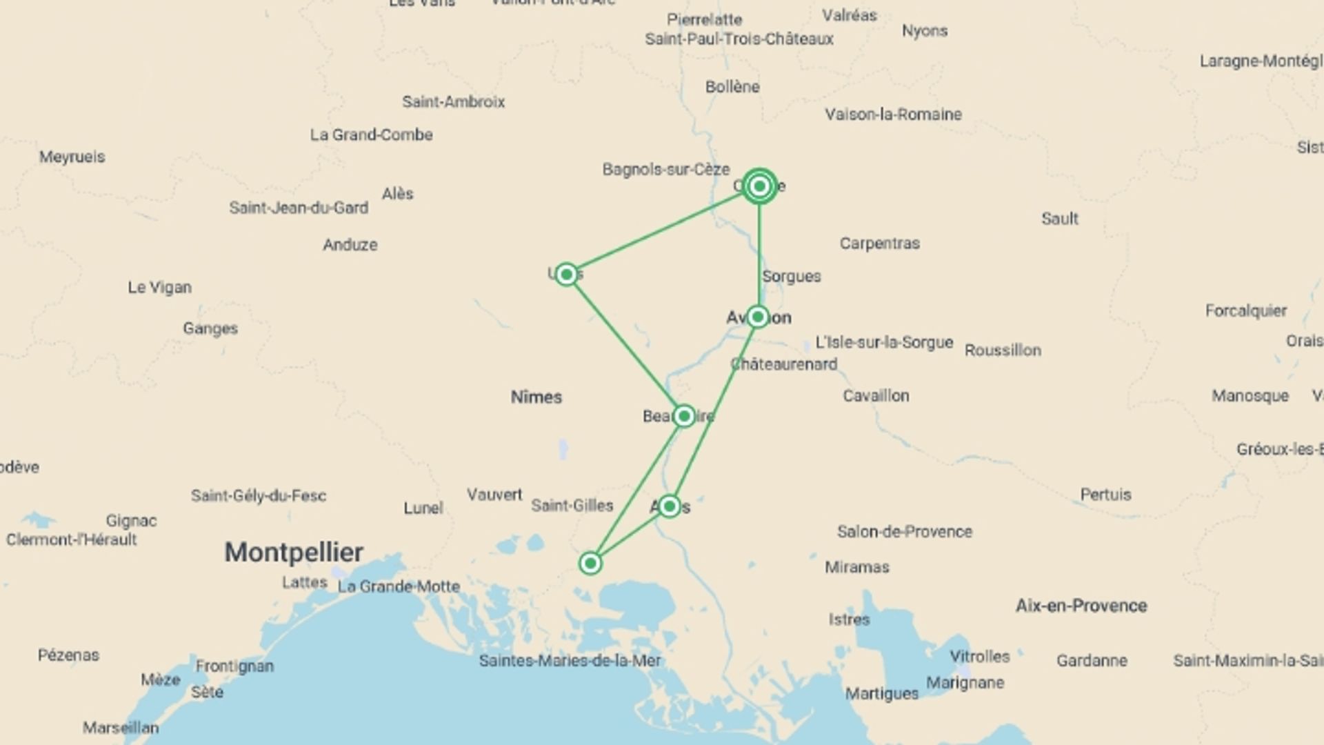 A map showing the tour itinerary for the trip: Highlights of Provence by Bike, starting in Orange, France and ending in Orange, France going through 6 other destinations.