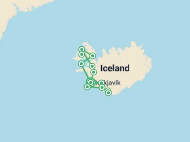 Map itinerary of Reykjavik Tour in Winter with 4 destination visits for the trip: Land of the Northern Lights & Westfjords (Comfort) - 11 days