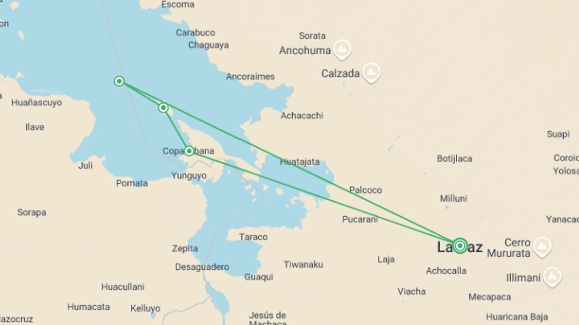 A map showing the tour itinerary for the trip: Lake Titicaca Catamaran 2D/1N (La Paz to La Paz), starting in La Paz, Bolivia and ending in Andes Mountains, Chile going through 1 other destinations.