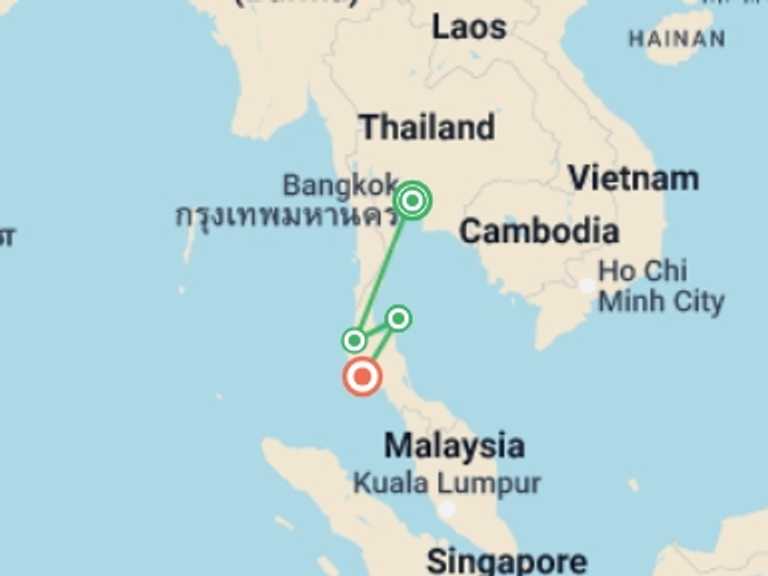 Map of a National parks Tour with 6 destination visits for the trip: Thai Intro 12 day