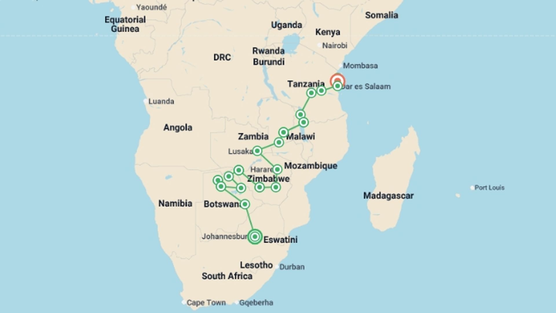 A map showing the tour itinerary for the trip: Johannesburg to Zanzibar, starting in Johannesburg, South Africa and ending in Zanzibar, Tanzania going through 19 other destinations.