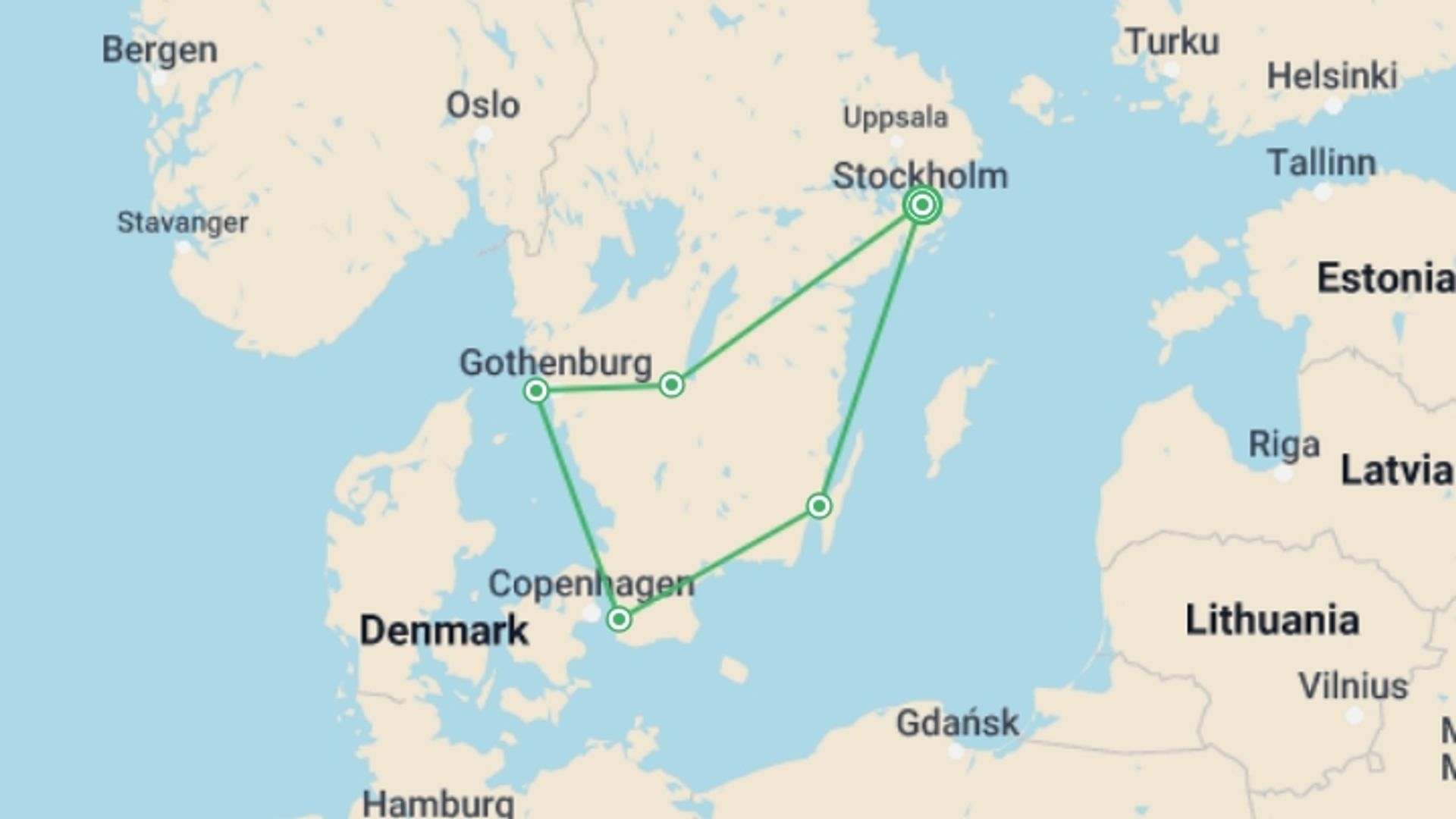 A map showing the tour itinerary for the trip: Swedish Splendor Self Drive, starting in Stockholm, Sweden and ending in Stockholm, Sweden going through 4 other destinations.