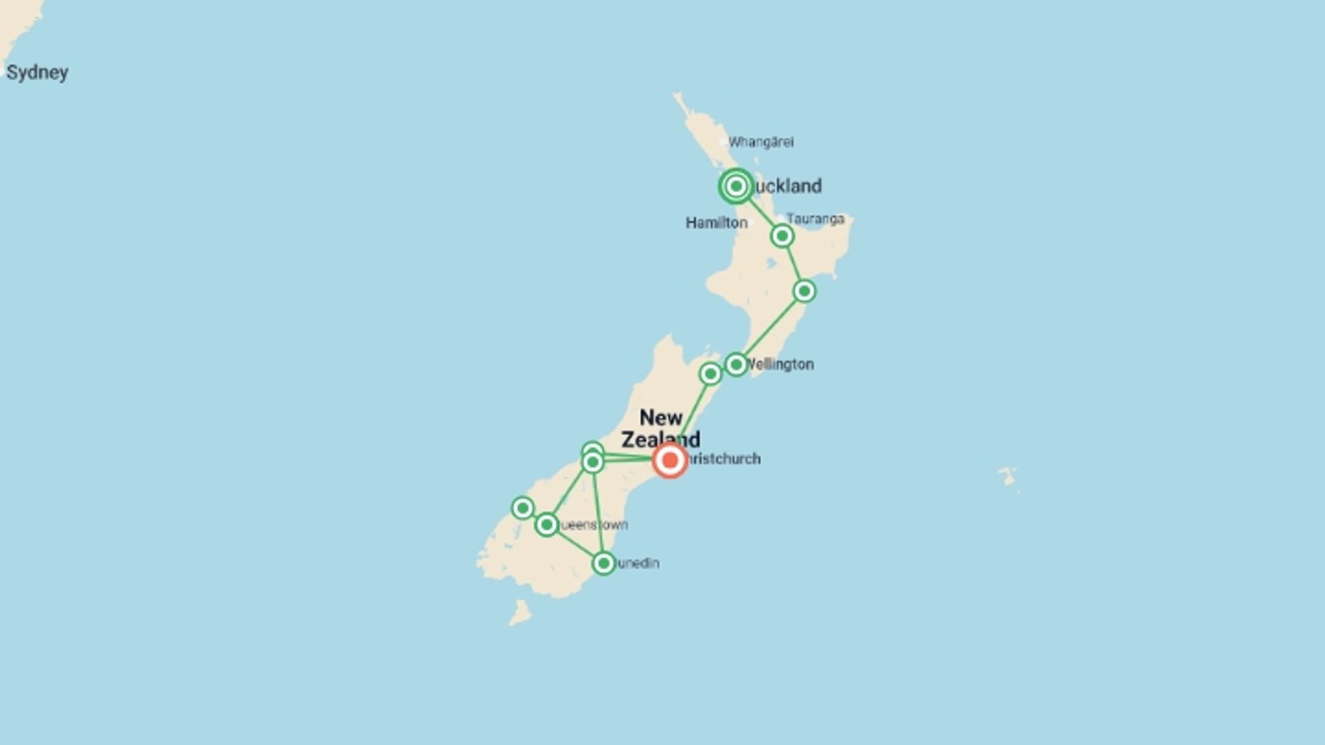 A map showing the tour itinerary for the trip: Scenic Splendour, starting in Auckland, New Zealand and ending in Christchurch, New Zealand going through 9 other destinations.