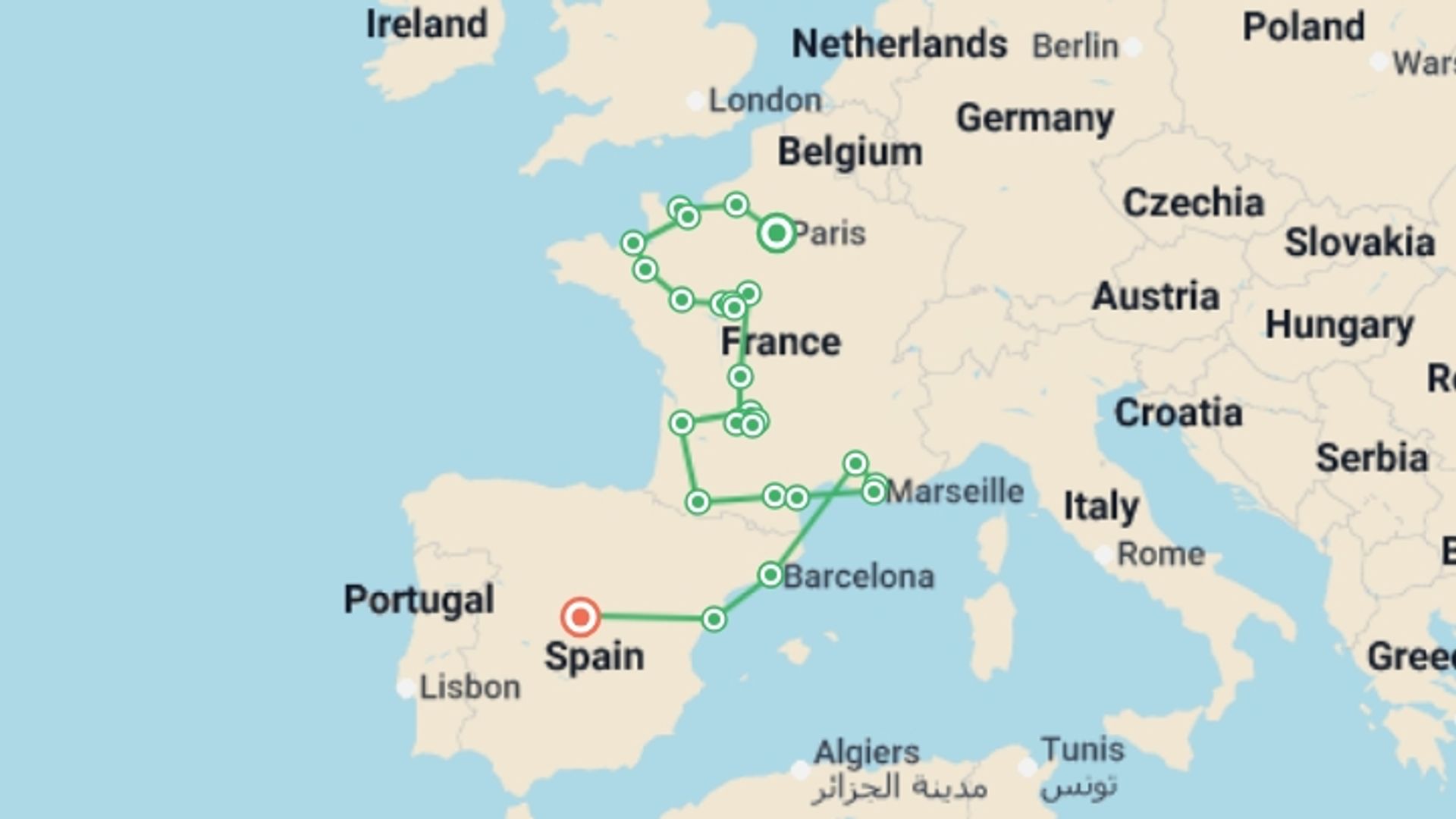 A map showing the tour itinerary for the trip: Normandy, all of France and Spain, starting in Paris, France and ending in Madrid, Spain going through 9 other destinations.