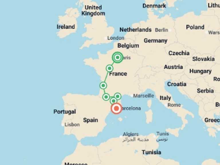 Map of Europe Tour with 5 destination visits for the trip: Paris, Lourdes and Barcelona