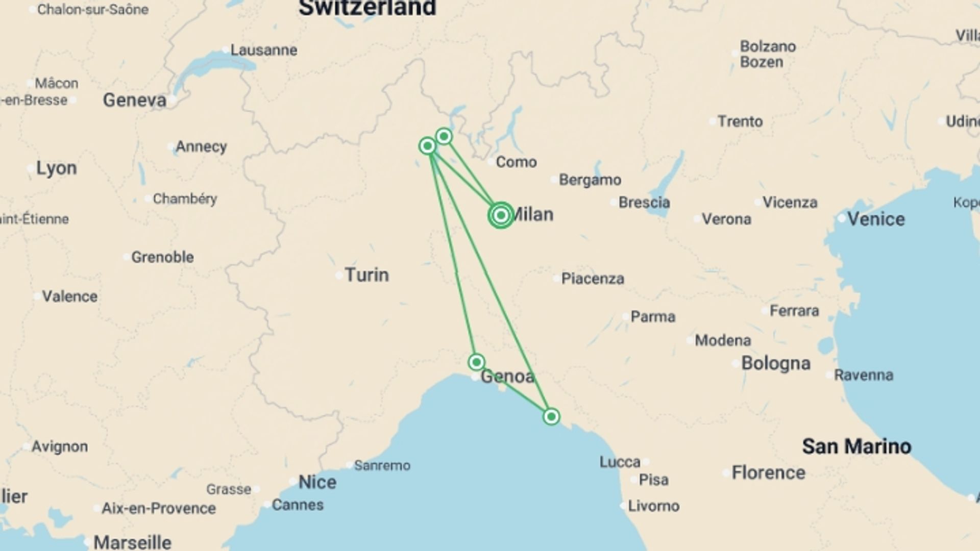 A map showing the tour itinerary for the trip: Northern Italy Including Cinque Terre, starting in Milan, Italy and ending in Milan, Italy going through 4 other destinations.