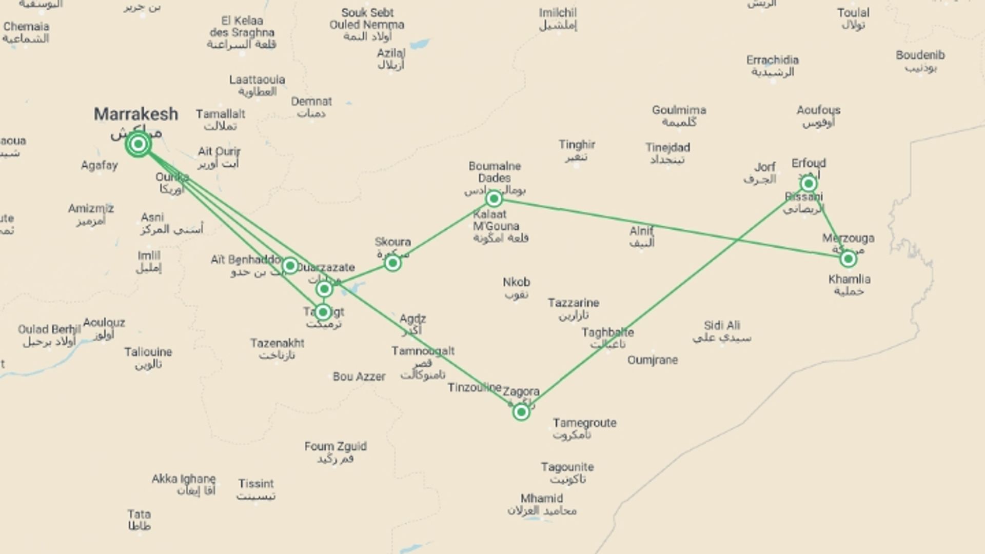 A map showing the tour itinerary for the trip: Route Of 1000 Kasbahs, Self-drive, starting in Marrakech, Morocco and ending in Marrakech, Morocco going through 5 other destinations.