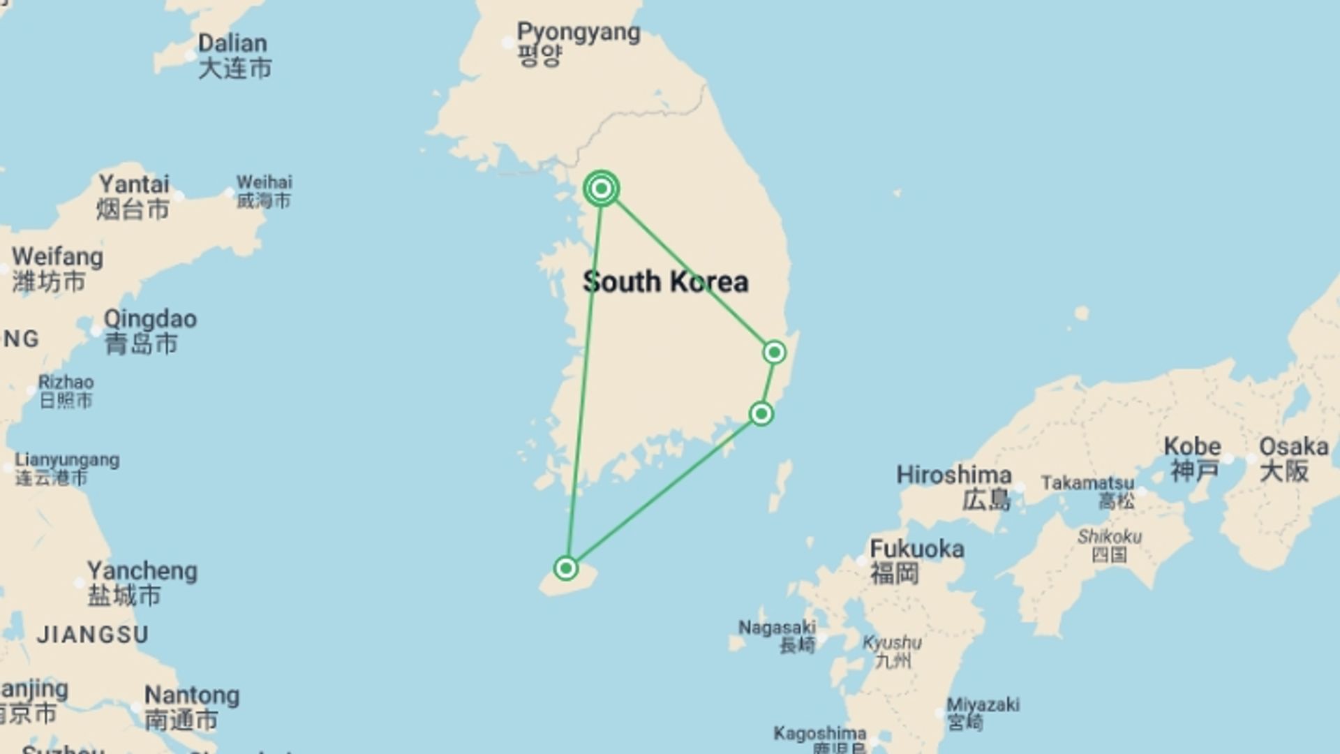 A map showing the tour itinerary for the trip: Best of South Korea Small Group Journey, starting in Seoul, South Korea and ending in Seoul, South Korea going through 4 other destinations.