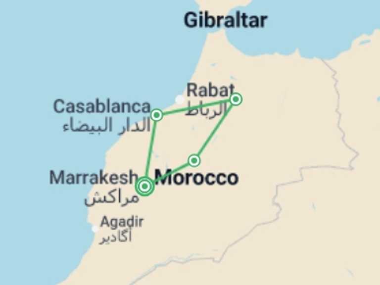 Map itinerary of Mediterranean Tour in July 2026 with 4 destination visits for the trip: Imperial Cities Of Morocco, Spanish-speaking Guide