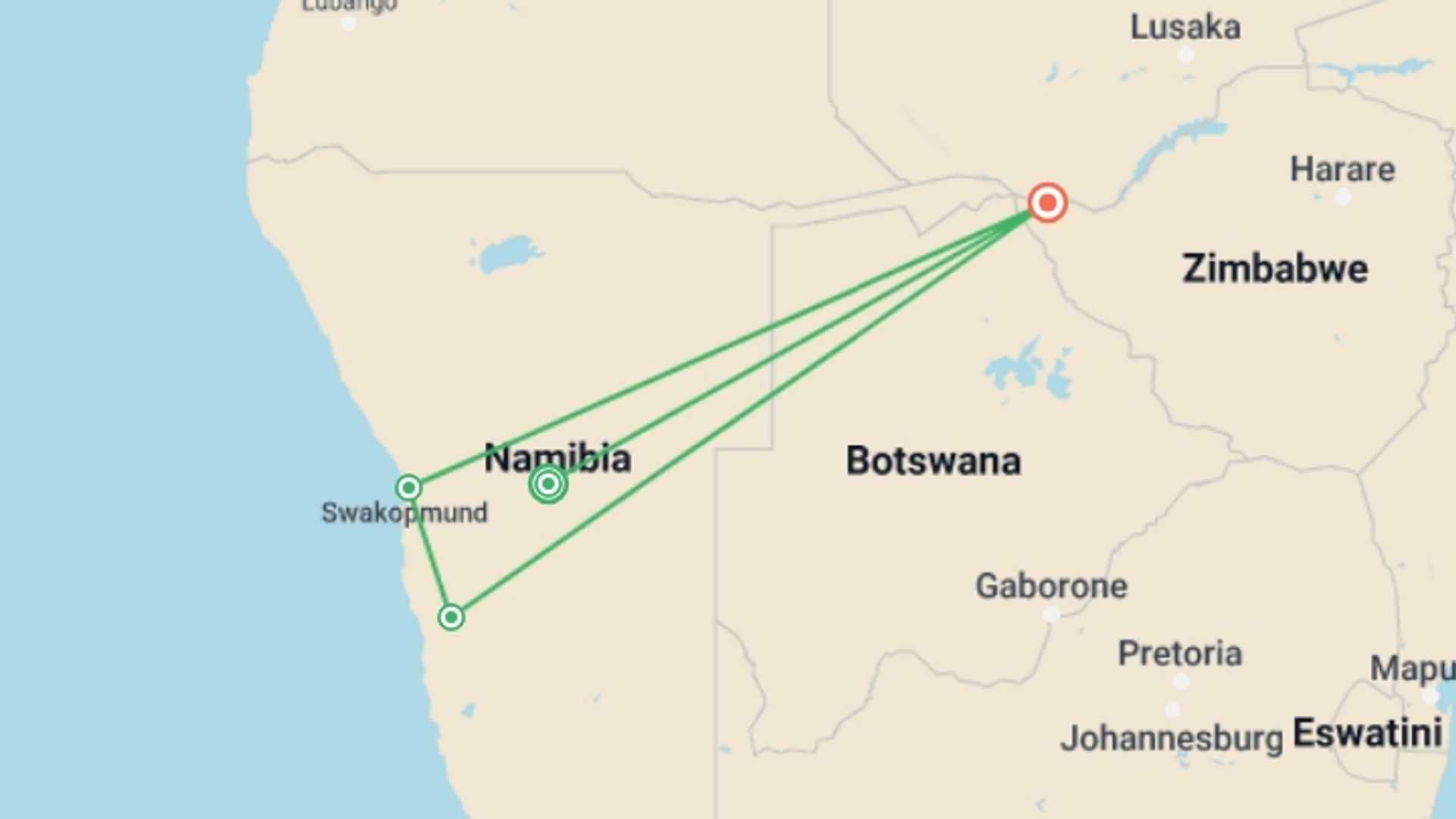 A map showing the tour itinerary for the trip: Namibia to Victoria Falls Explorer, starting in Windhoek, Namibia and ending in Victoria Falls, Zimbabwe going through 2 other destinations.
