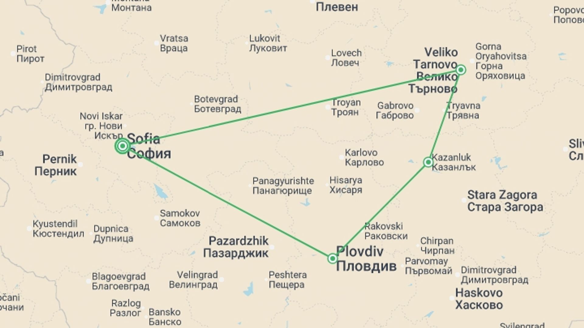 A map showing the tour itinerary for the trip: Highlights of Bulgaria, starting in Sofia, Bulgaria and ending in Sofia, Bulgaria going through 3 other destinations.