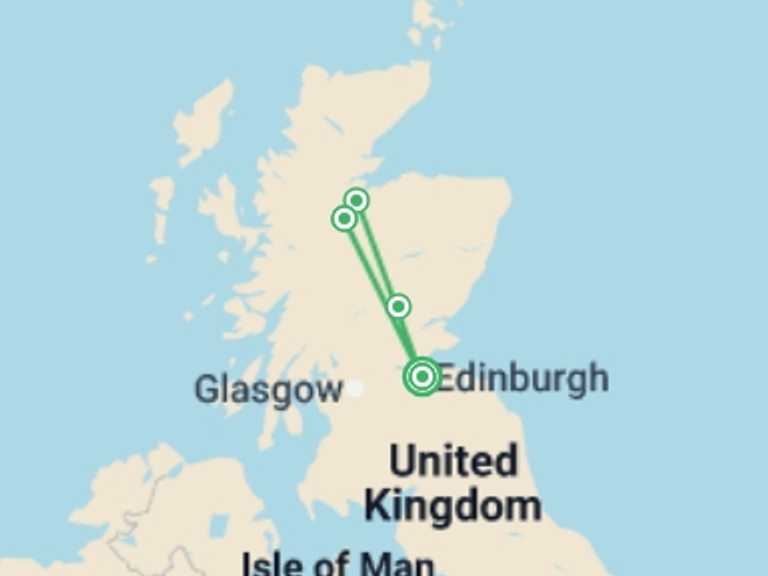 Map itinerary of Edinburgh Tour in April 2027 with 4 destination visits for the trip: Premium Scotland