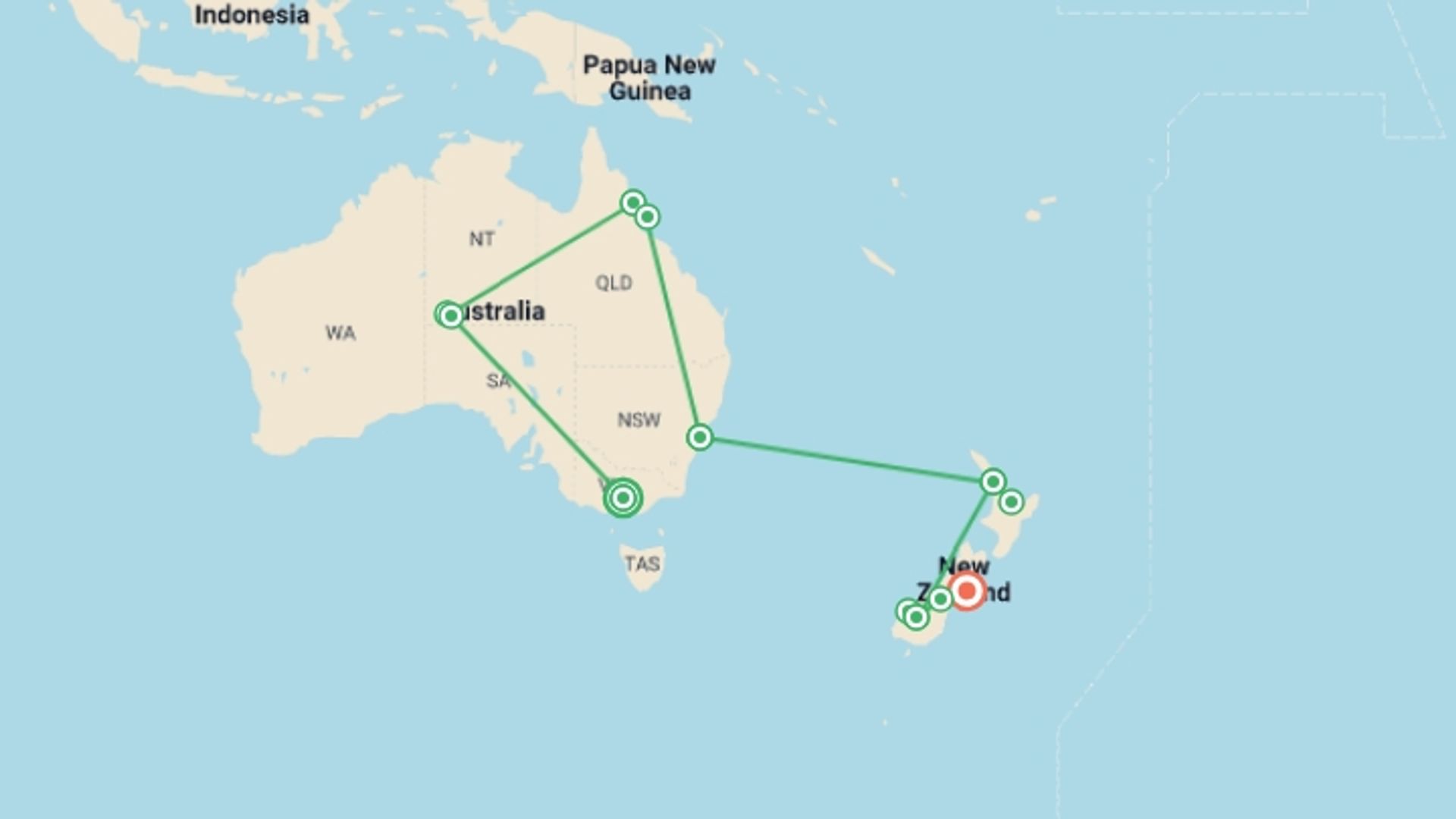 A map showing the tour itinerary for the trip: Highlights of Australia and New Zealand, starting in Melbourne, Australia and ending in Christchurch, New Zealand going through 10 other destinations.