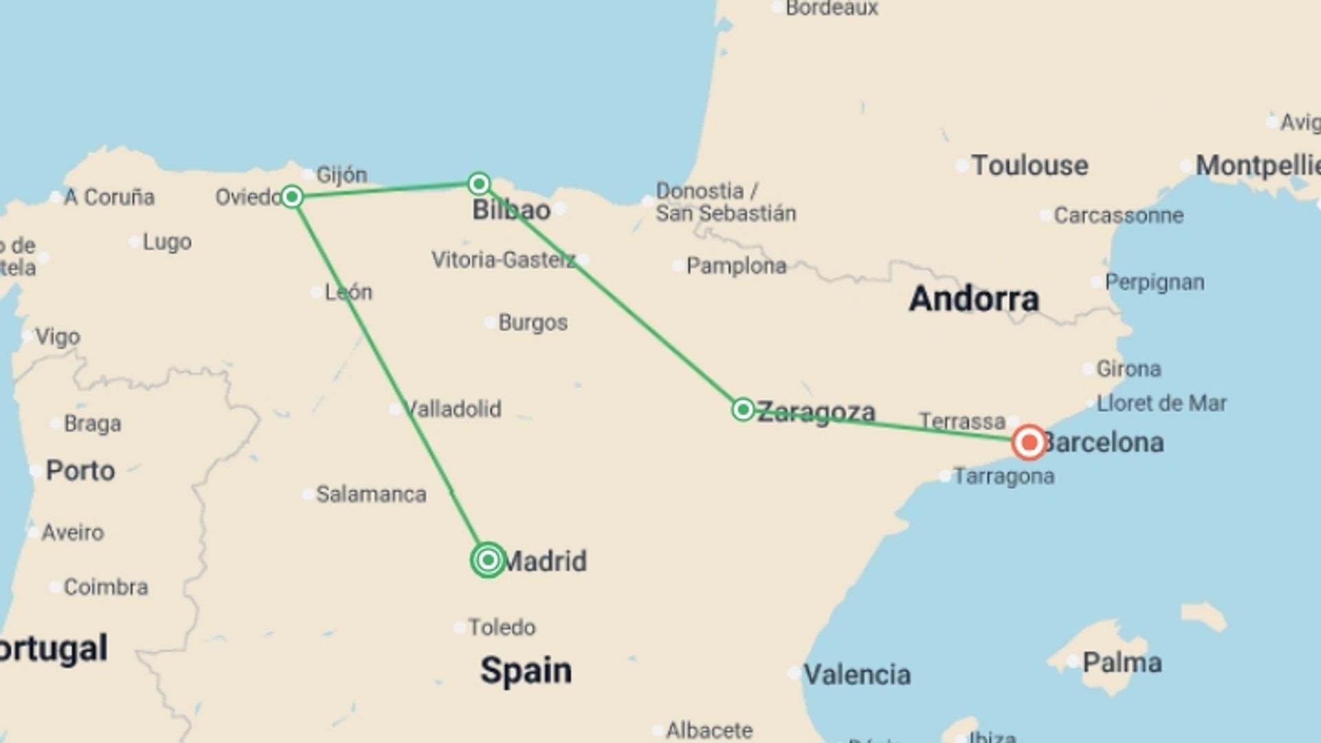 A map showing the tour itinerary for the trip: Spanish Bliss end Barcelona, starting in Madrid, Spain and ending in Barcelona, Spain going through 3 other destinations.