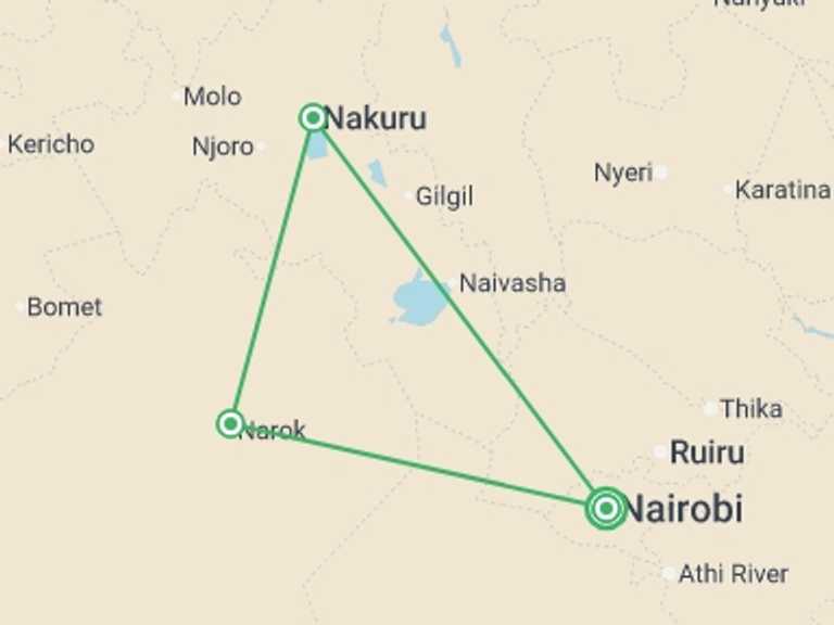 Map itinerary of Africa Tour in October 2026 with 3 destination visits for the trip: Unforgettable Kenya: Masai Mara & Lake Nakuru