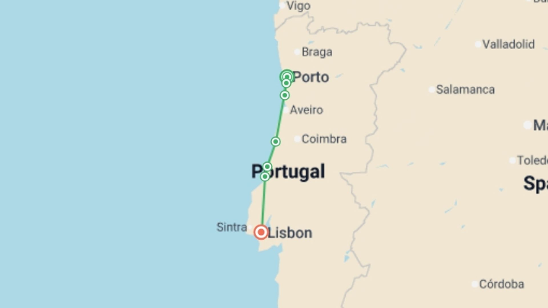 A map showing the tour itinerary for the trip: Porto to Lisbon Atlantic Ride, starting in Porto, Portugal and ending in Lisbon, Portugal going through 5 other destinations.
