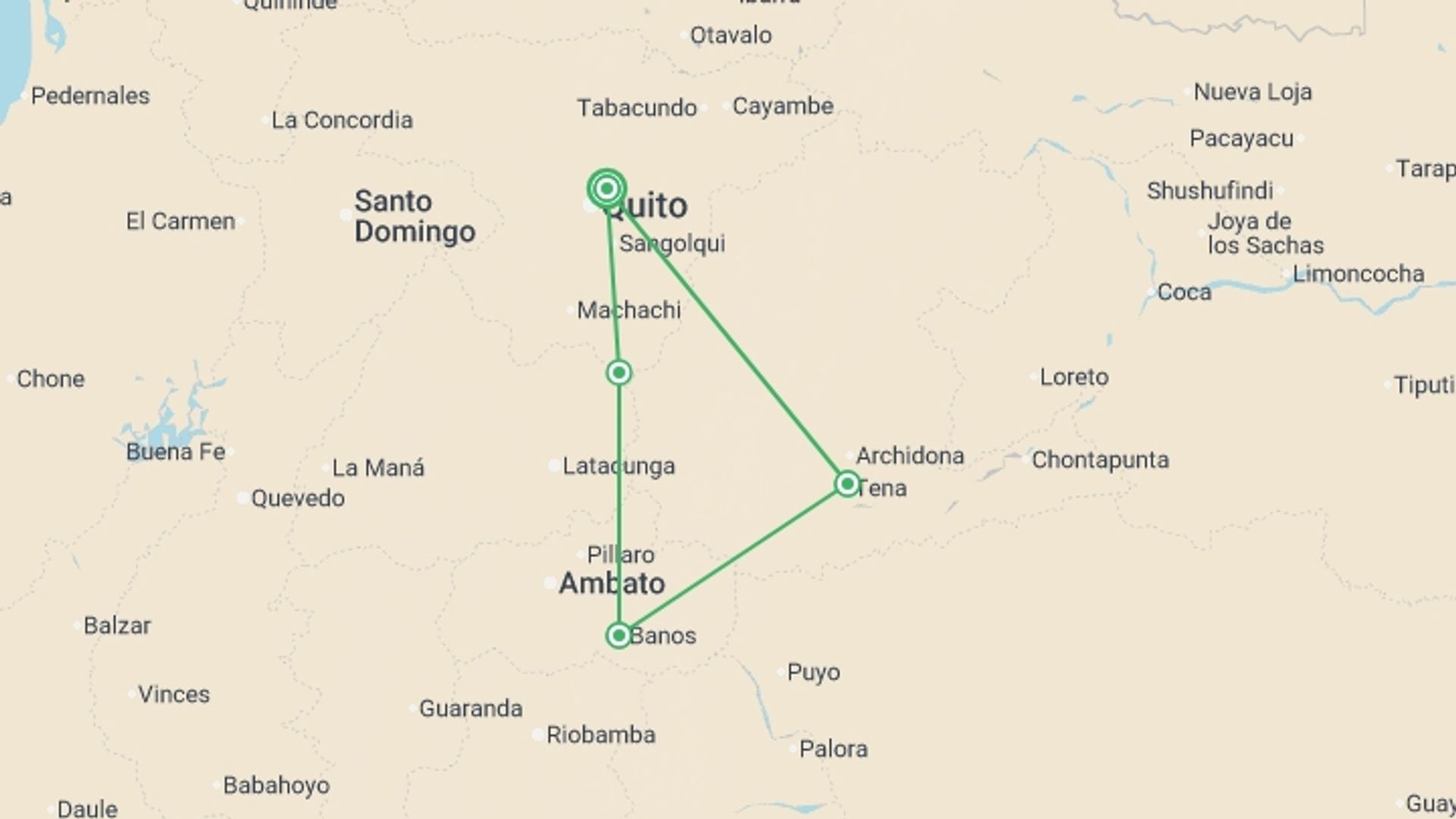 A map showing the tour itinerary for the trip: Solo-ish Ecuador, starting in Quito, Ecuador and ending in Quito, Ecuador going through 2 other destinations.