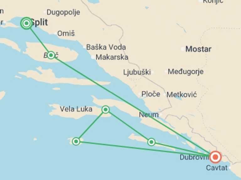 Map of Croatia Sailing, yachting and motor boating Tour with 6 destination visits for the trip: Croatia Sailing Adventure: Split to Dubrovnik