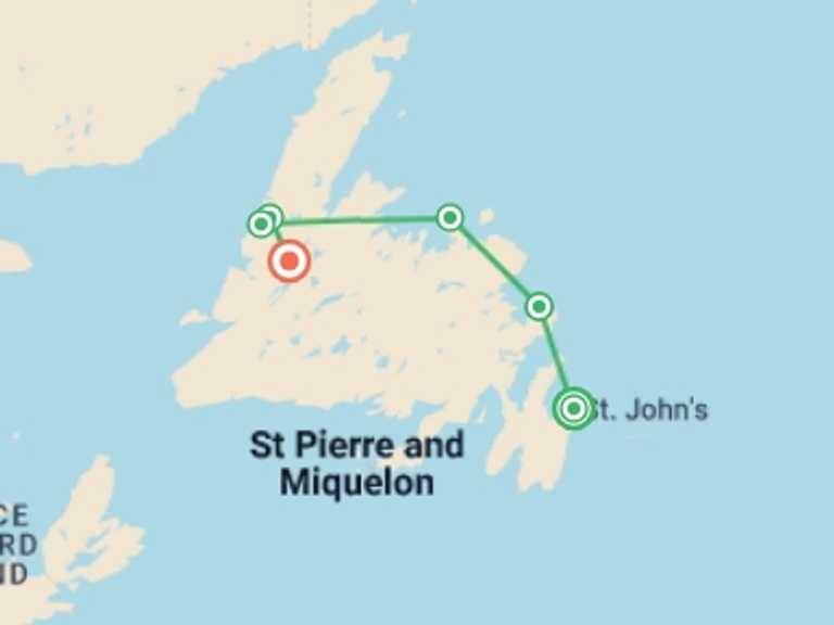 Map of 8-Day Canada Tour with 6 destination visits for the trip: Newfoundland Adventure: From Signal Hill to Gros Morne