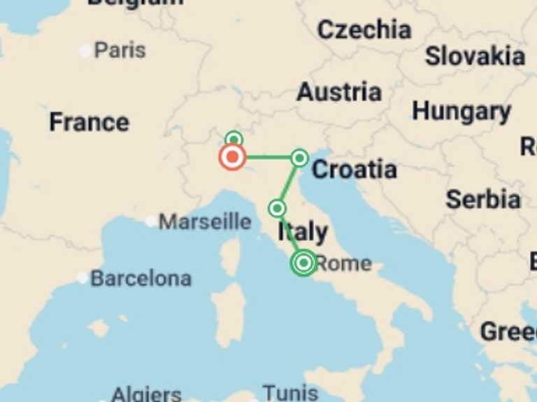 Map itinerary of Venice Tour in September 2025 with 5 destination visits for the trip: Rome Florence Venice Milan and Lake Como by Rail