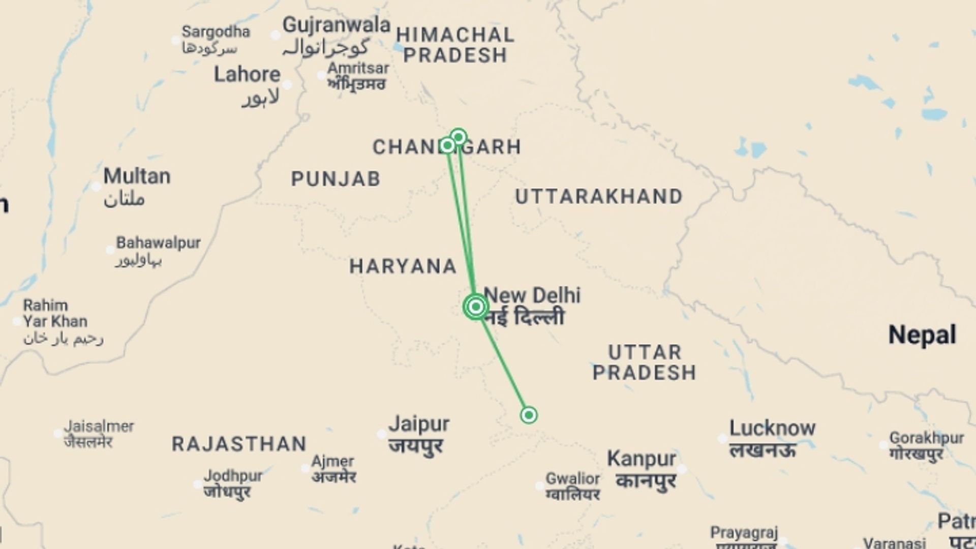 A map showing the tour itinerary for the trip: Wellness Retreat India Luxury Tour Packages, starting in New Delhi, India and ending in Parwanoo, India going through 1 other destinations.