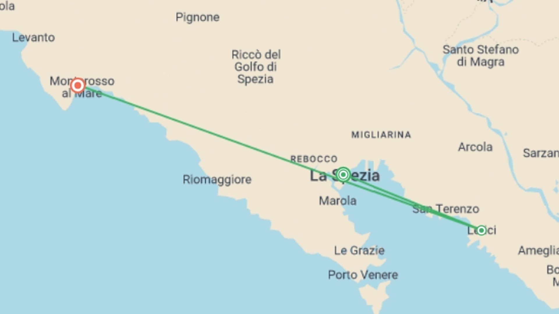 A map showing the tour itinerary for the trip: Self-Guided Culinary Package - La Spezia & Cinque Terre, starting in La Spezia, Italy and ending in Cinque Terre, Italy going through 3 other destinations.