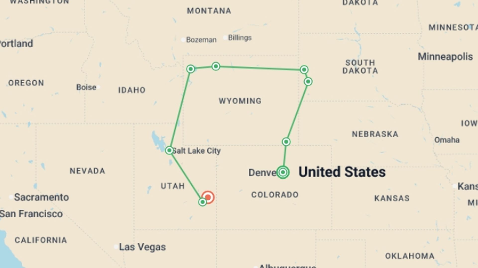 A map showing the tour itinerary for the trip: Denver to Moab - 9 days, starting in Denver, USA and ending in Moab, USA going through 5 other destinations.