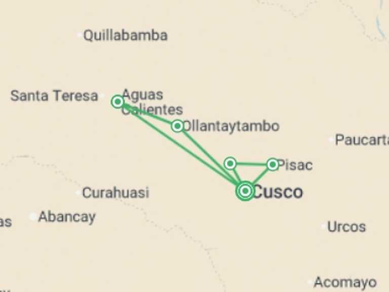 Map itinerary of Andes Tour in May 2026 with 5 destination visits for the trip: Peru: Hike, Bike, Raft & SUP