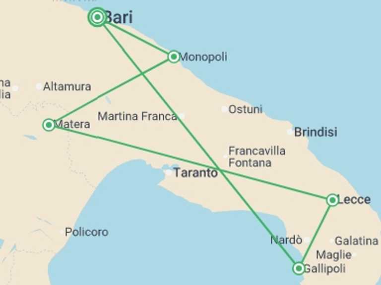 Map of Europe Tour with 5 destination visits for the trip: Budget Puglia Explorer  - 7 days