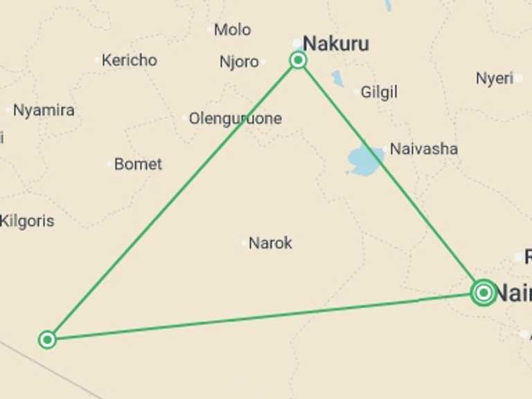Map of Kenya Tour with 3 destination visits for the trip: Masai Mara Interactive & Lake Nakuru Safari 4D/3N