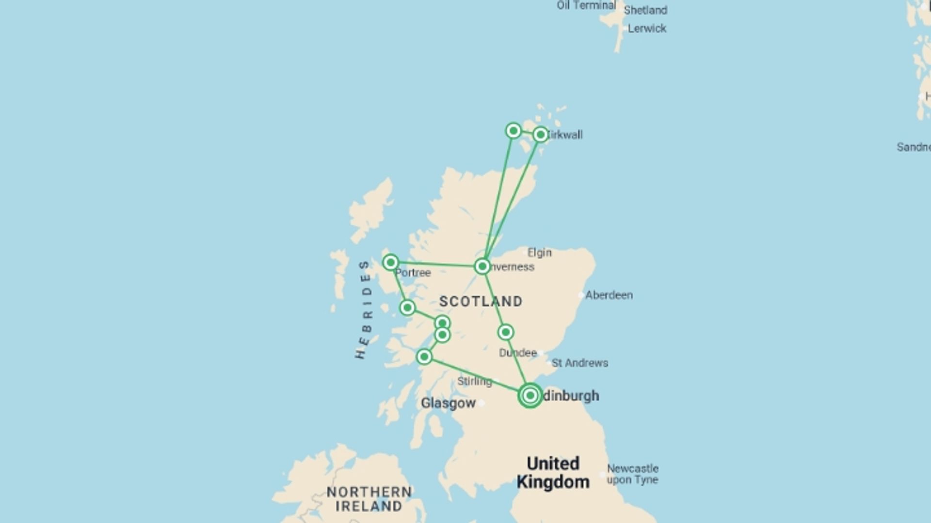 A map showing the tour itinerary for the trip: Scotland & Orkney Uncovered - 8 days, starting in Edinburgh, Scotland and ending in Edinburgh, Scotland going through 5 other destinations.