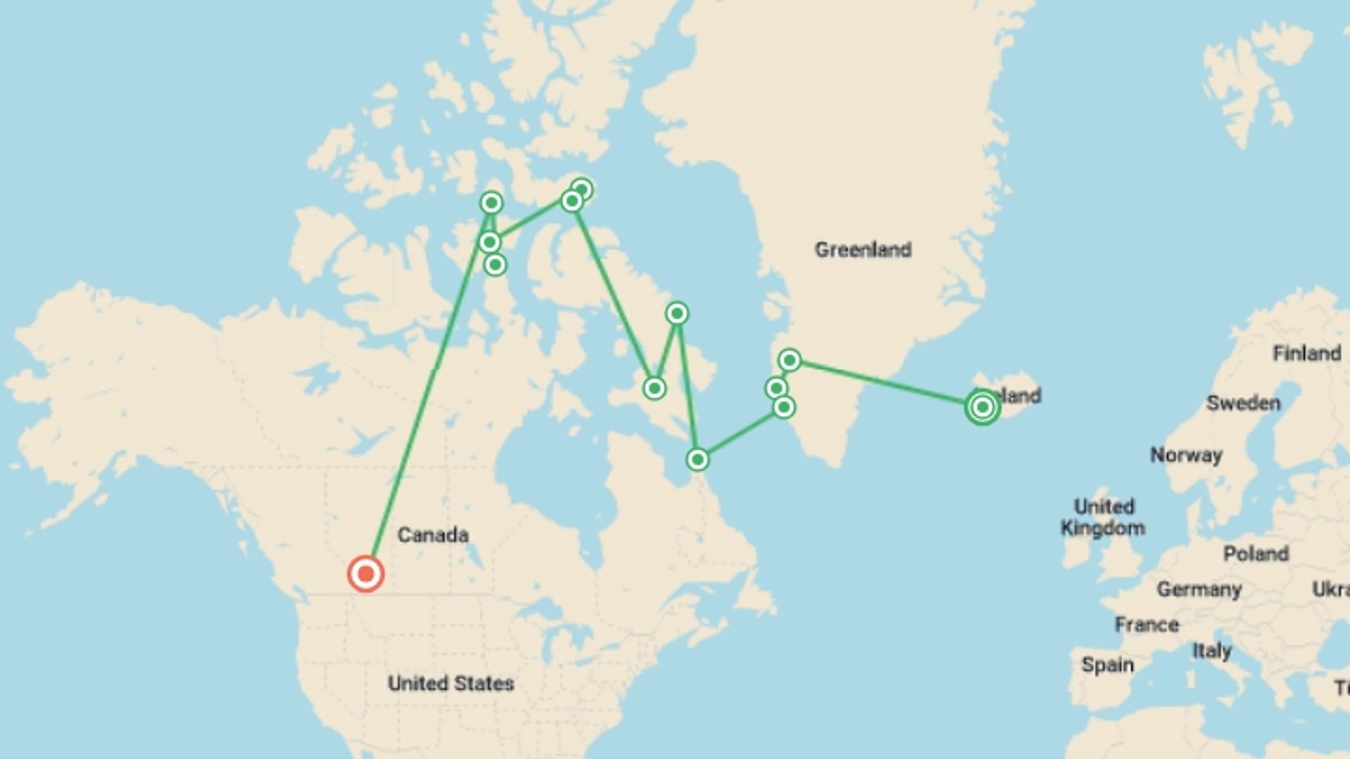 A map showing the tour itinerary for the trip: Northwest Passage: The Legendary Arctic Sea Route, starting in Reykjavik, Iceland and ending in Calgary, Canada going through 4 other destinations.