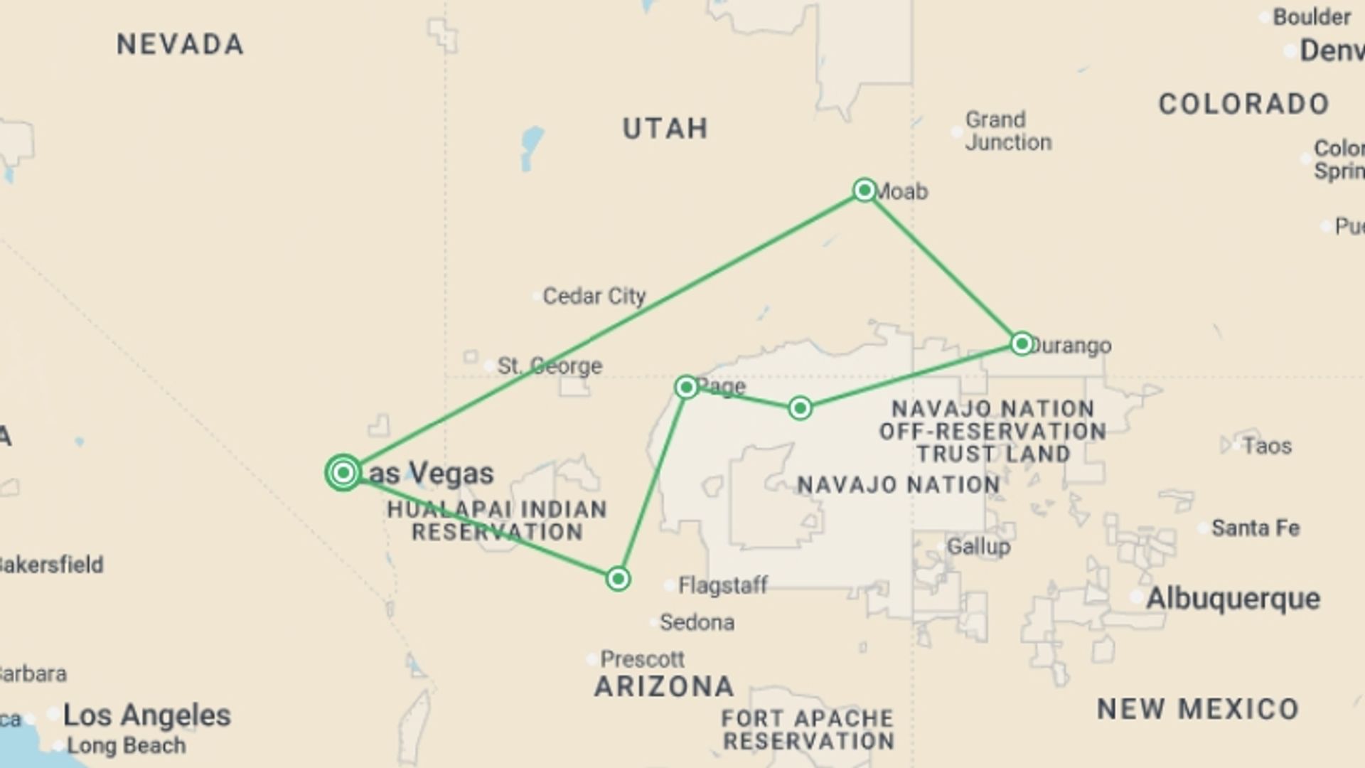 A map showing the tour itinerary for the trip: Canyon Country Showcase, starting in Las Vegas, USA and ending in Las Vegas, USA going through 5 other destinations.
