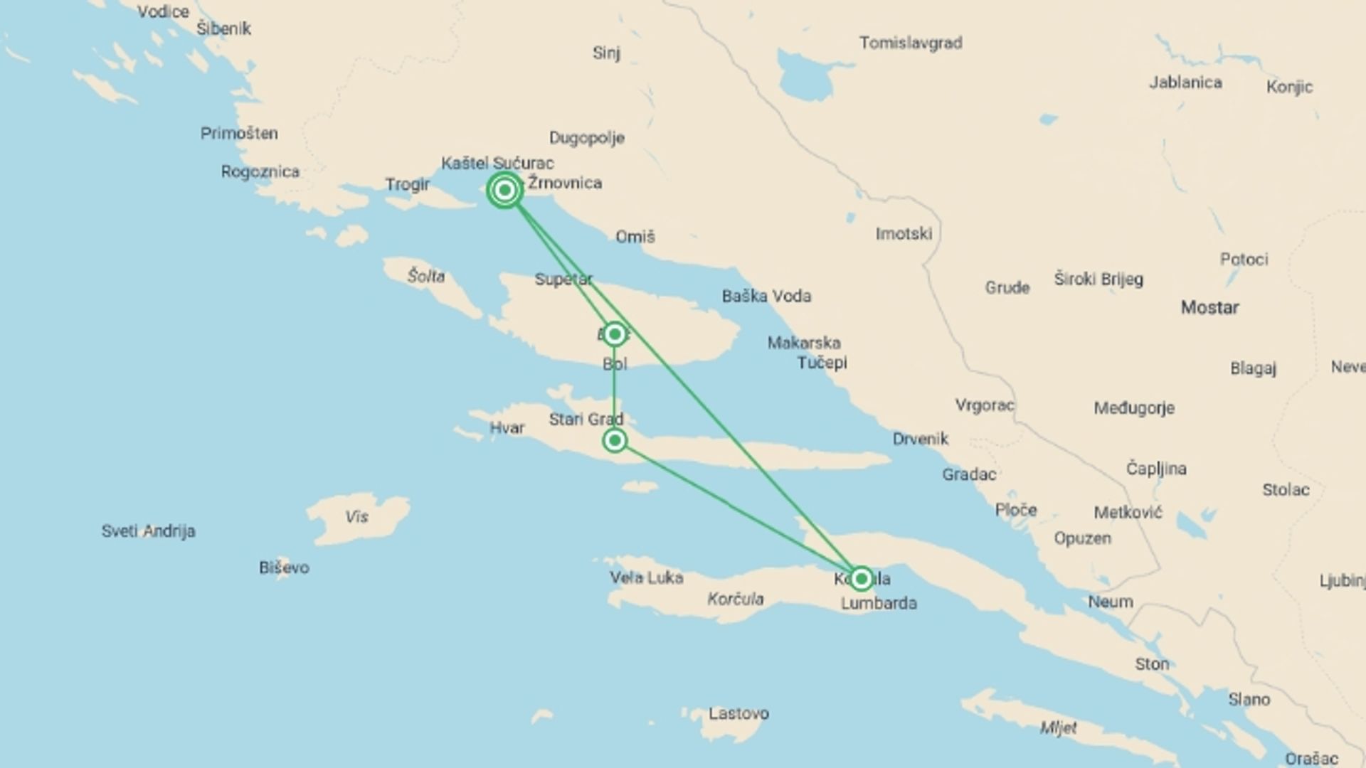 A map showing the tour itinerary for the trip: Croatia Family Island Hopping, 11 Days, starting in Split, Croatia and ending in Split, Croatia going through 3 other destinations.