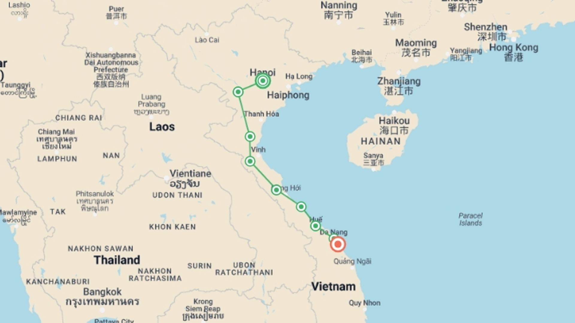 A map showing the tour itinerary for the trip: Road Cycling Hanoi to Hoi An, starting in Hanoi, Vietnam and ending in Hoi An, Vietnam going through 6 other destinations.