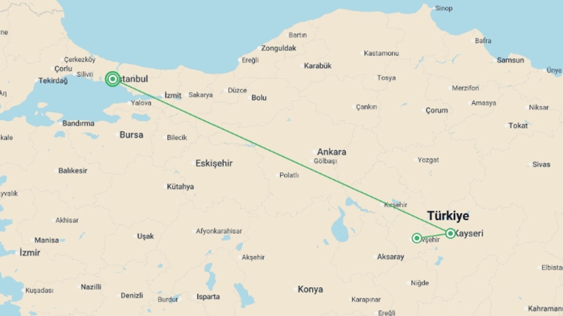 A map showing the tour itinerary for the trip: Istanbul & Cappadocia - 5 days, starting in Istanbul, Turkey and ending in Istanbul, Turkey going through 1 other destinations.
