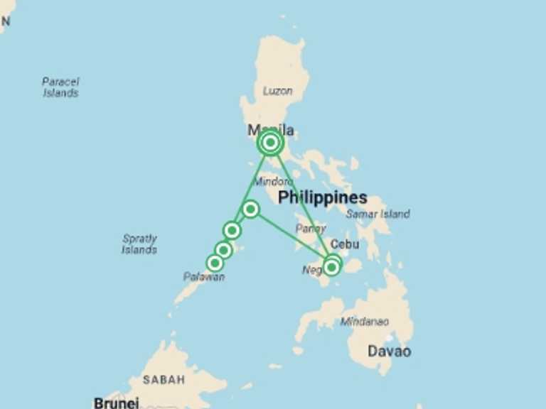 Map of a Canyoning Tour with 7 destination visits for the trip: Philippines Island Explorer 17 day