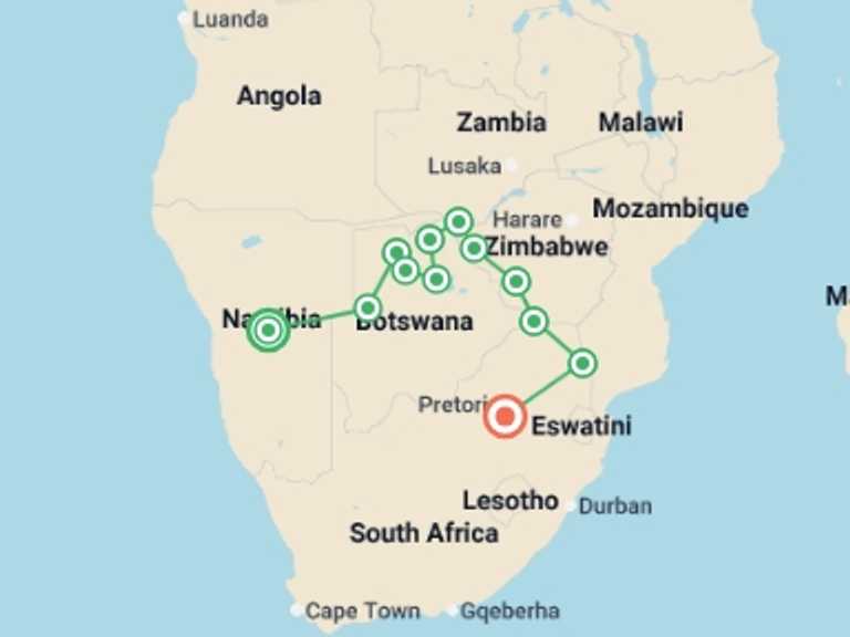 Map of Africa Tour with 12 destination visits for the trip: Southern Africa Highlights