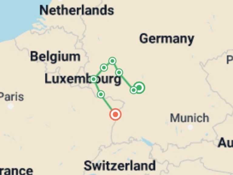 Map of 8-Day Strasbourg Tour with 9 destination visits for the trip: A Cruise Through Four Exquisite European Valleys (port-to-port cruise)