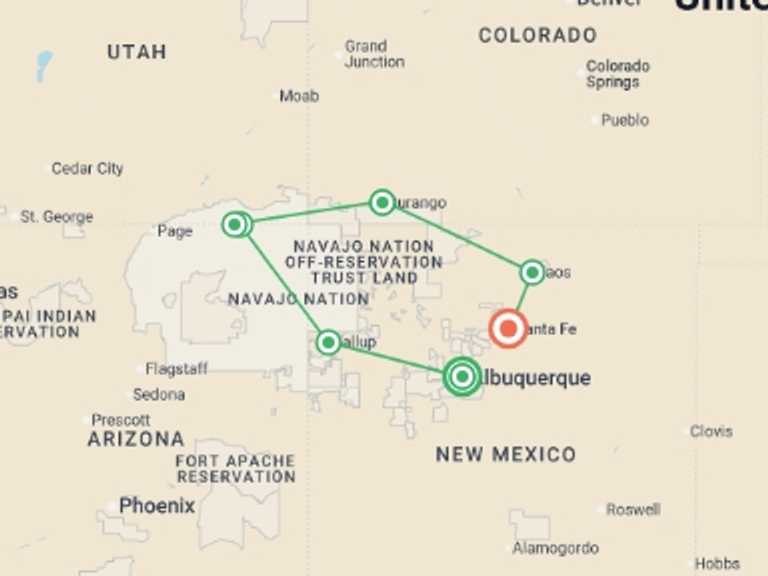 Map of a Trekking and Hiking Tour with 7 destination visits for the trip: Southwest Native Trails
