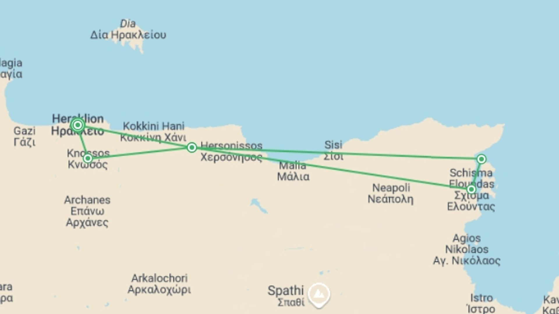A map showing the tour itinerary for the trip: Venetian Crete, Private Tour, starting in Heraklion, Greece and ending in Heraklion, Greece going through 1 other destinations.