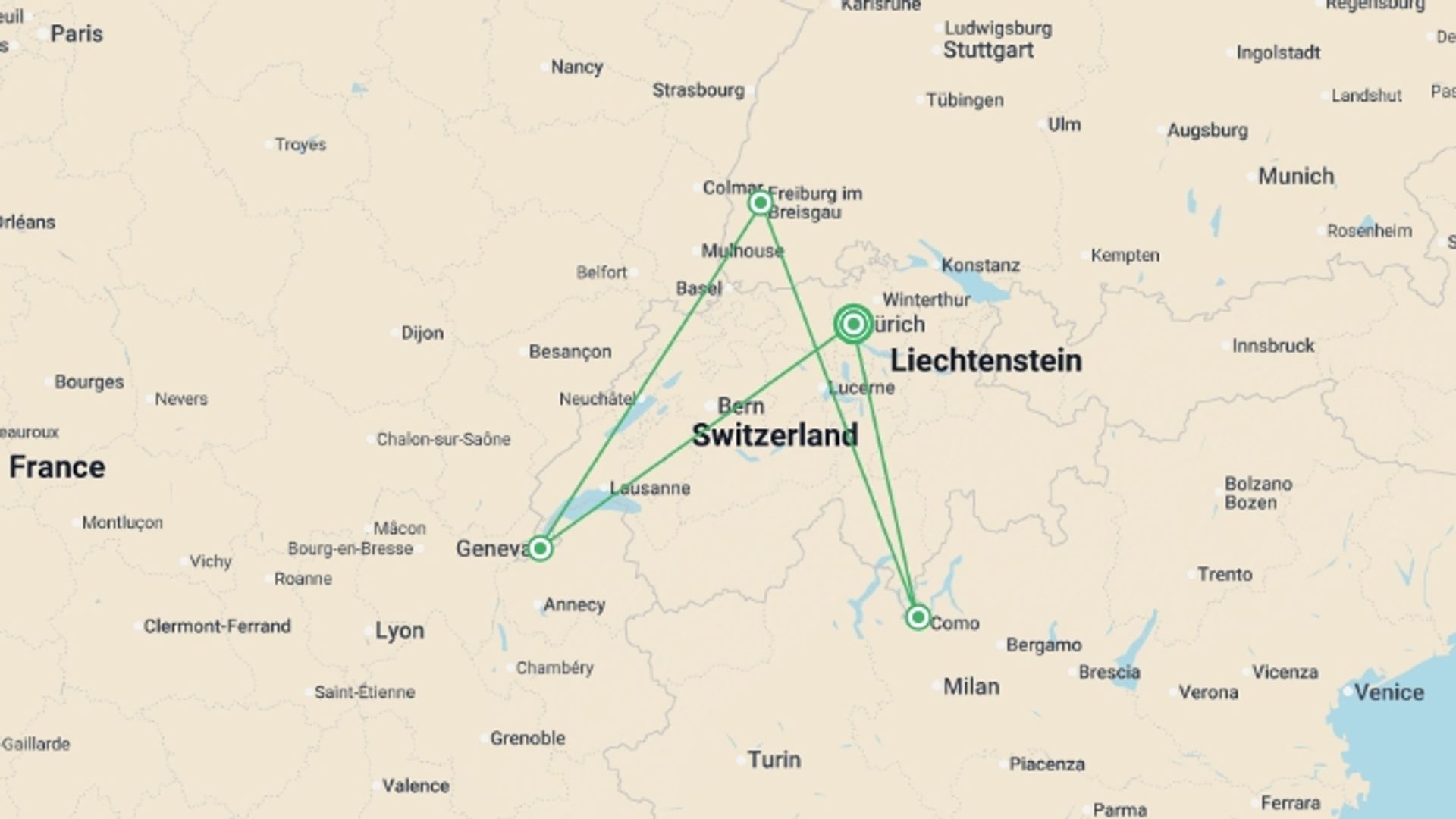 A map showing the tour itinerary for the trip: Swiss Capitals, starting in Zurich, Switzerland and ending in Zurich, Switzerland going through 3 other destinations.
